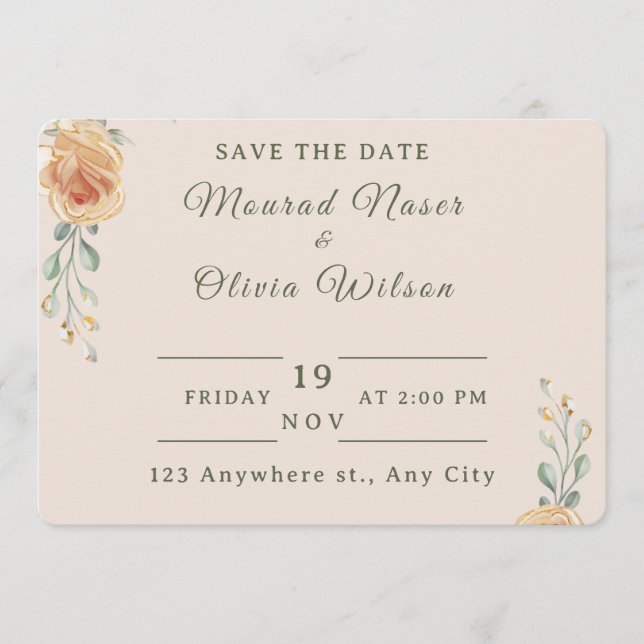 Convites Pastel Gold Floral Wedding Save the Date Card (Frente)