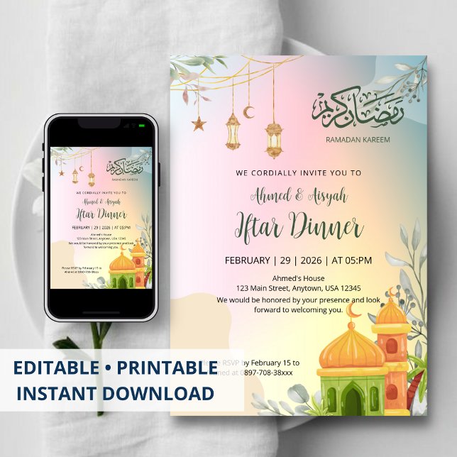 Convites Pastel Gradient Mosque Iftar Dinner Invitation (Criador carregado)