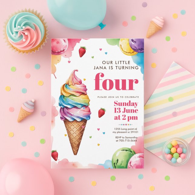 Convites Pastel Ice Cream Cone Birthday | Girl’s Sweet  (Criador carregado)