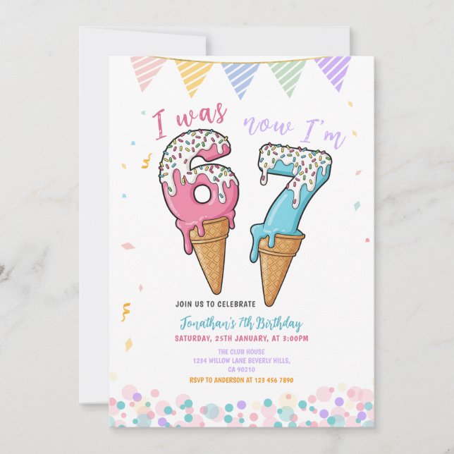 Convites Pastel Ice Cream Six Seven Birthday Party Glitter (Frente)