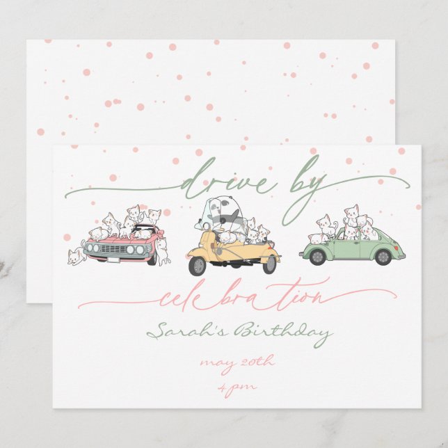 Convites Pastel Kawaii Cats Surprise Celebration Parade (Frente/Verso)