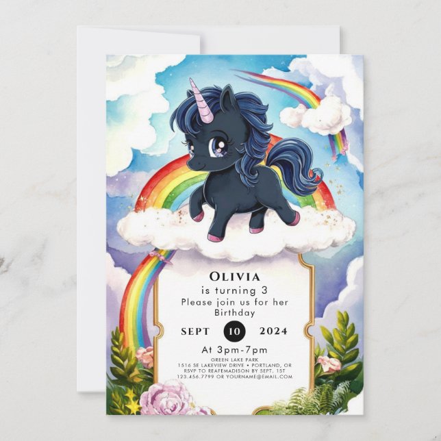Convites Pastel Kids Black Unicorn Aniversário (Frente)