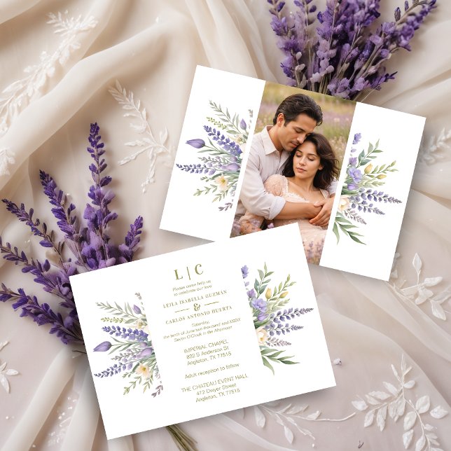 Convites Pastel Lavender Flowers & Greenery Elegant Spring  (Pastel Lavender Flowers & Greenery Elegant Spring Photo Wedding Invitations Cards.)