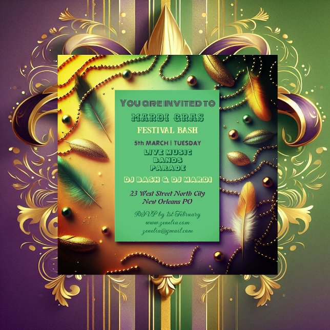 Convites Pastel Mardi Gras Festival Bash Feather Miçangas D (Pastel Mardi Gras Festival Bash Feather Beads Gold Invitation)