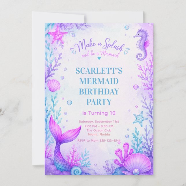Convites Pastel Mermaid Birthday Invitation Purple (Frente)