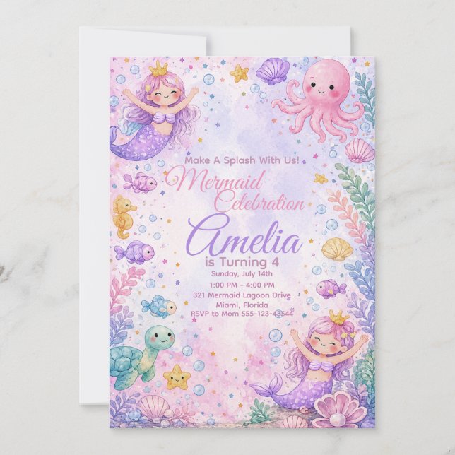 Convites Pastel Mermaid Celebration Invitation Editable (Frente)