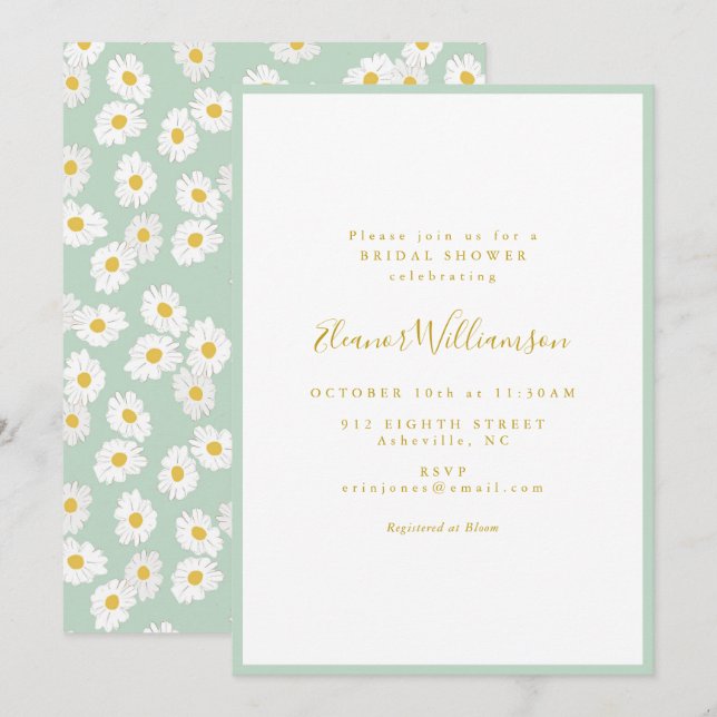 Convites Pastel Mint Sage Retro Daisy Floral Bridal Shower (Frente/Verso)