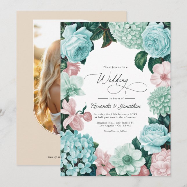 Convites Pastel Mint, Seafoam & Shell Pink Wedding (Frente/Verso)