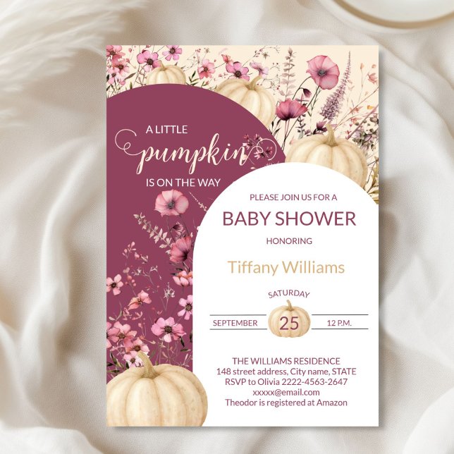 Convites Pastel Molho Aquarela A abóbora cai em flores silv (Pink Rustic Pumpkin Baby Shower Invitation | Neutral Fall Floral Autumn Theme)