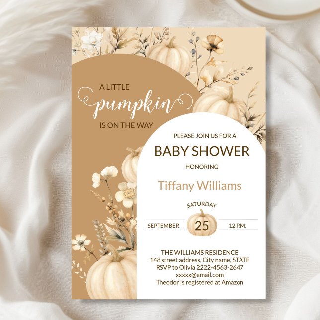 Convites Pastel Molho Aquarela A abóbora cai em flores silv (Beige Rustic Pumpkin Baby Shower Invitation | Neutral Fall Floral Autumn Theme)