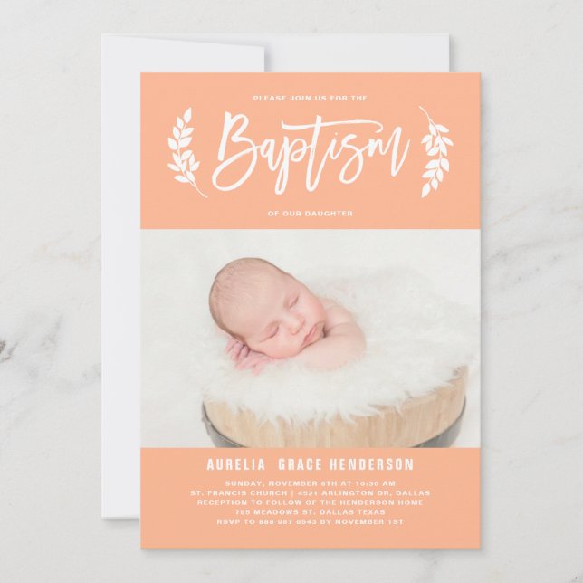 Convites Pastel Peach Laurel Wreath Baby Photo Baptism (Frente)