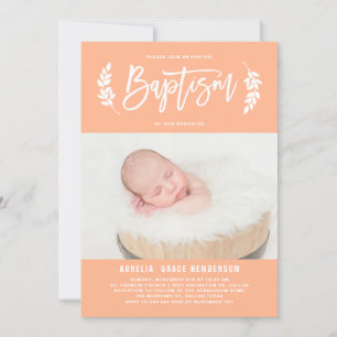 Convites Pastel Peach Laurel Wreath Baby Photo Baptism