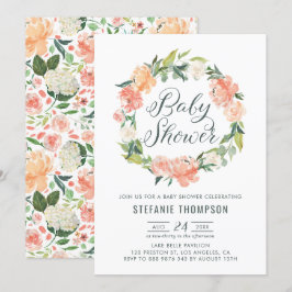 Convites Pastel Peach Peonies Floral Chá de fraldas