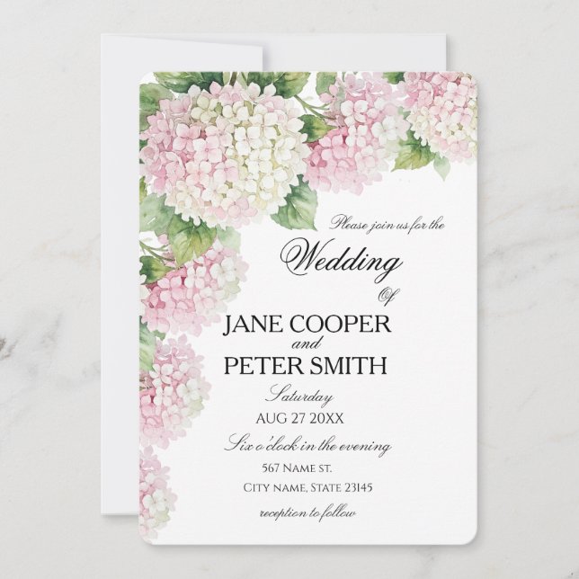 Convites Pastel pink and white hydrangeas Budget Wedding  (Frente)