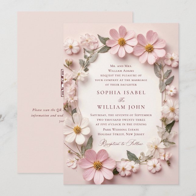 Convites Pastel Pink Blush Boho Wildflower Código QR de Cas (Frente/Verso)