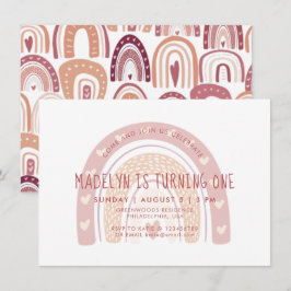 Convites Pastel Pink Boho Arco-Íris Primeiro Aniversário