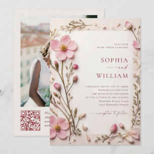 Convites Pastel Pink Boho Wildflower Casamento Código QR Fo