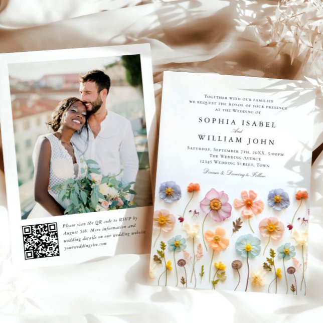 Convites Pastel Pink Boho Wildflower Casamento Código QR Fo (Criador carregado)