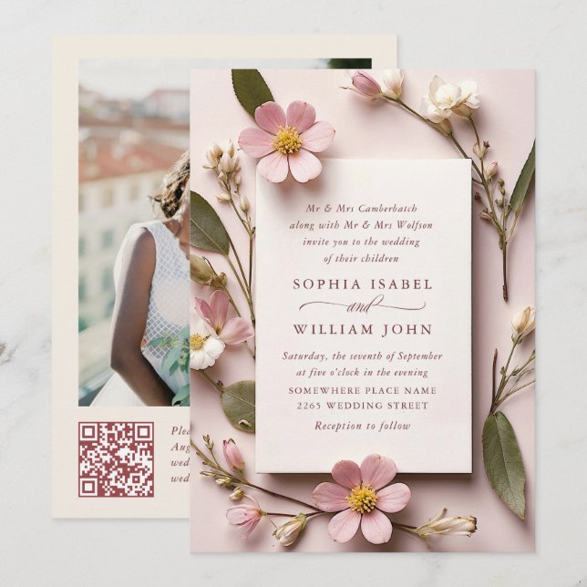 Convites Pastel Pink Boho Wildflower Casamento Código QR Fo (Frente/Verso)