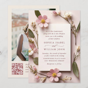 Convites Pastel Pink Boho Wildflower Casamento Código QR Fo