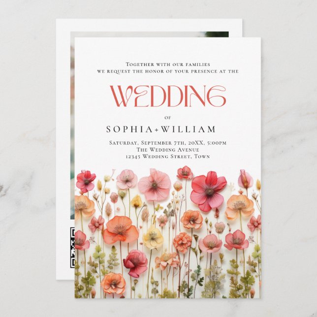 Convites Pastel Pink Boho Wildflower Casamento Código QR Fo (Frente/Verso)