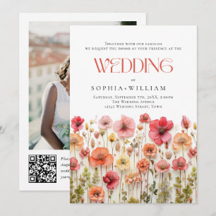 Convites Pastel Pink Boho Wildflower Casamento Código QR Fo
