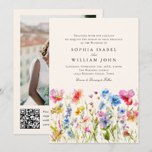 Convites Pastel Pink Boho Wildflower Casamento Código QR Fo