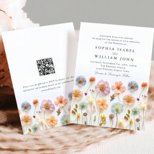 Convites Pastel Pink Boho Wildflower Código QR de Casamento