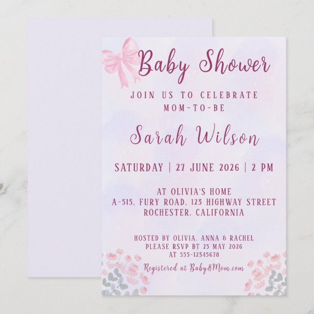 Convites Pastel Pink Bow Floral Baby Shower (Frente/Verso)