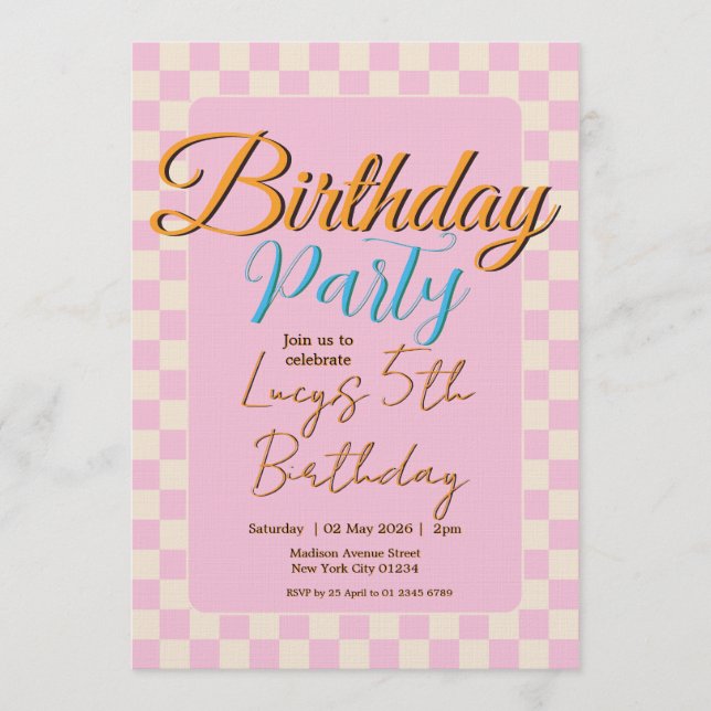 Convites Pastel Pink Checkered Birthday Party (Frente)