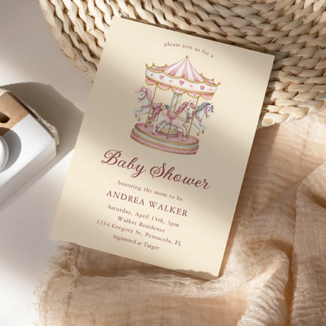 Convites Pastel Pink Cute Carousel Girl Baby Shower (Criador carregado)