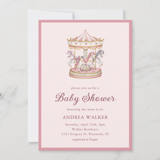 Convites Pastel Pink Cute Carousel Girl Baby Shower (Frente)