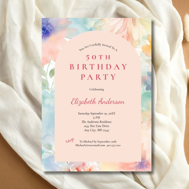 Convites Pastel Pink Floral Modern Arch 50th Birthday (Pastel Pink Floral Elegant 50th Birthday party invitation for he. Printed or Digital Download)