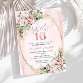 Convites Pastel Pink Flowers Greenery 16th Birthday Invites