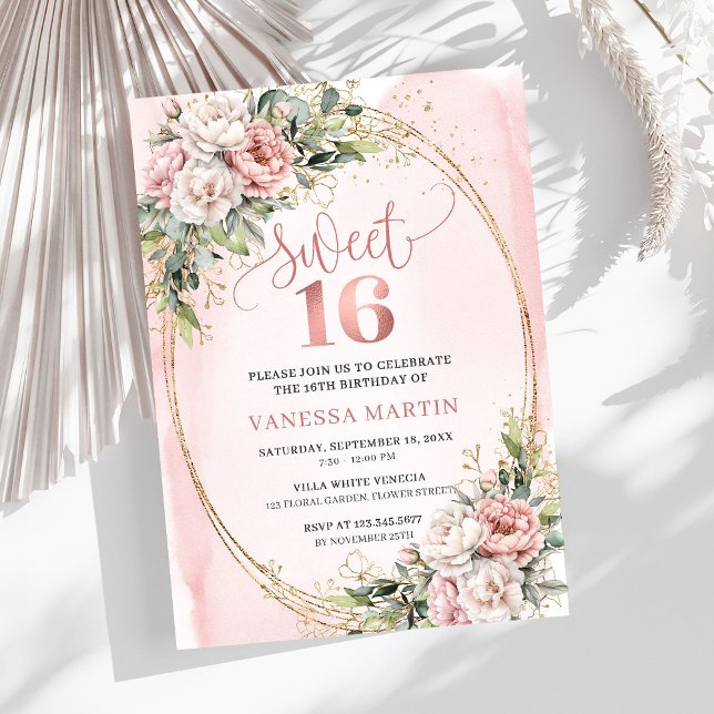 Convites Pastel Pink Flowers Greenery 16th Birthday Invites (Pastel Pink Flowers Greenery 16th Birthday Invitation Design

)