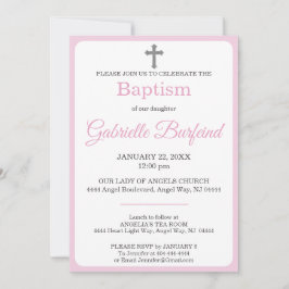 Convites Pastel Pink & Gray Cross Watercolor Baptism