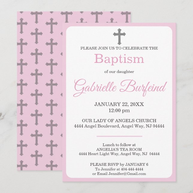 Convites Pastel Pink & Gray Cross Watercolor Baptism (Frente/Verso)