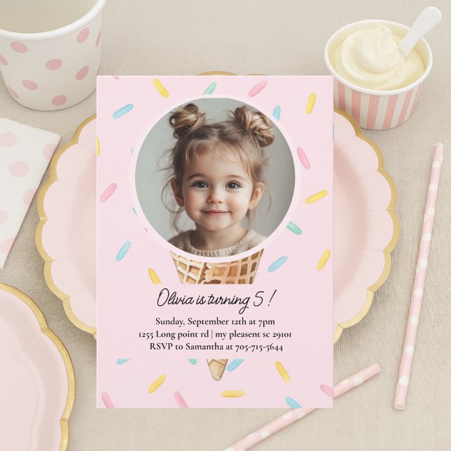 Convites Pastel Pink Ice Cream Photo Birthday  (Criador carregado)
