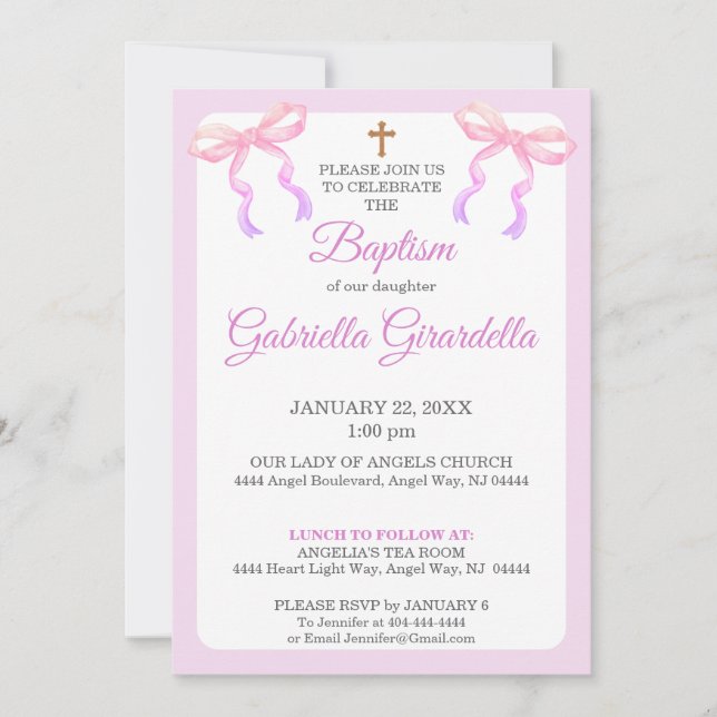 Convites Pastel Pink & Lavender Ombre Bow Baptism (Frente)