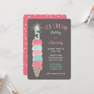 Convites Pastel Pink Mint Ice Cream Girl 5th Birthday Party