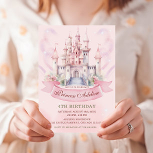 Convites Pastel Pink Princess Royal Castle 4.º Aniversário