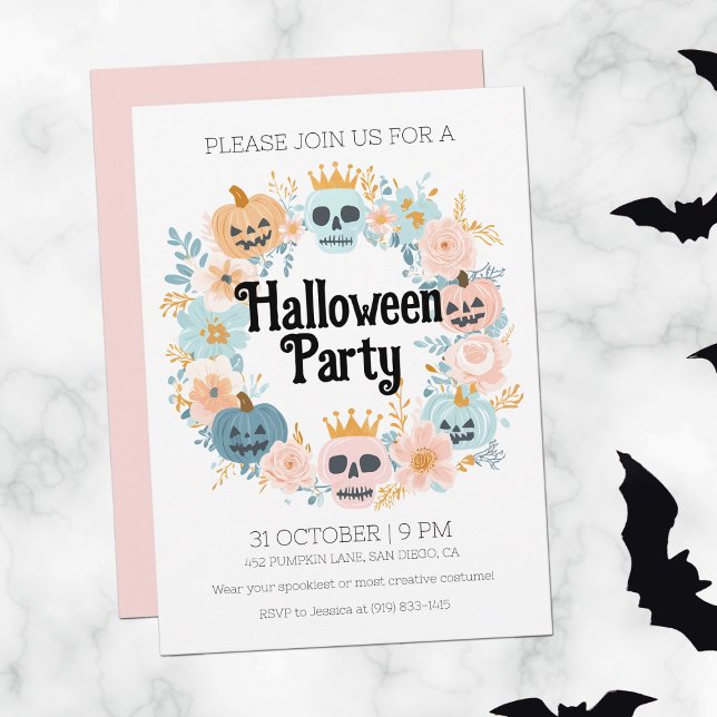 Convites Pastel Pink Skull Pumpkin Festa do Dia das Bruxas (Pastel Pink Skull Pumpkin Cute Halloween Party Invitation)