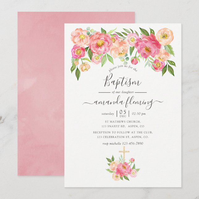 Convites Pastel Pink Watercolor Peonies Baptism (Frente/Verso)