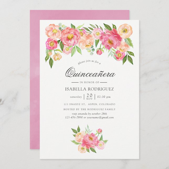 Convites Pastel Pink Watercolor Peonies Quinceañera (Frente/Verso)