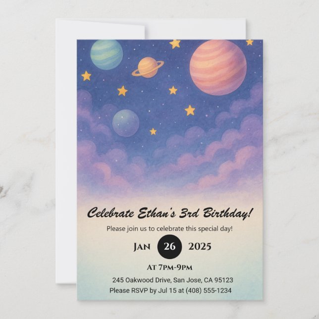 Convites Pastel Planets in the Night Sky Birthday  (Frente)