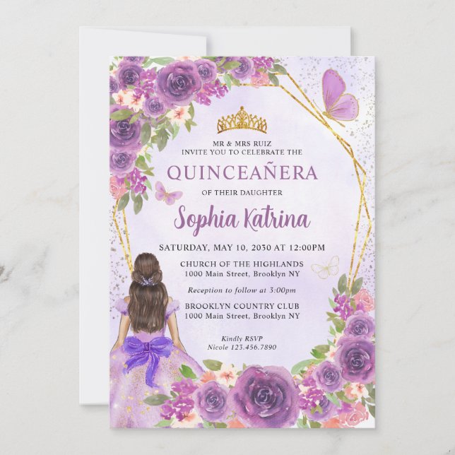 Convites Pastel Purple Dourada Floral Princess Quinceañera (Frente)