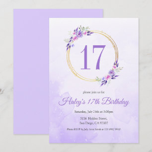 Convites Pastel Purple Floral Ouro Wreath 17º Aniversário