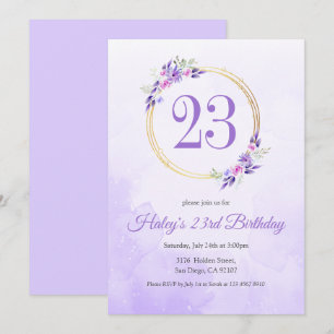 Convites Pastel Purple Floral Ouro Wreath 23º Aniversário