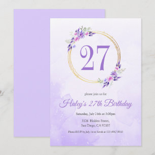 Convites Pastel Purple Floral Ouro Wreath 27º Aniversário