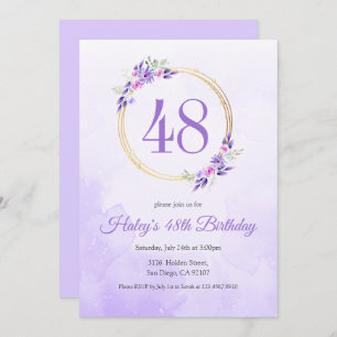 Convites Pastel Purple Floral Ouro Wreath 48º Aniversário